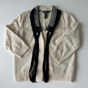 DKNY Cashmere Wool Embellished Open-Front Cardigan, Cream and Black Sz M, READ**